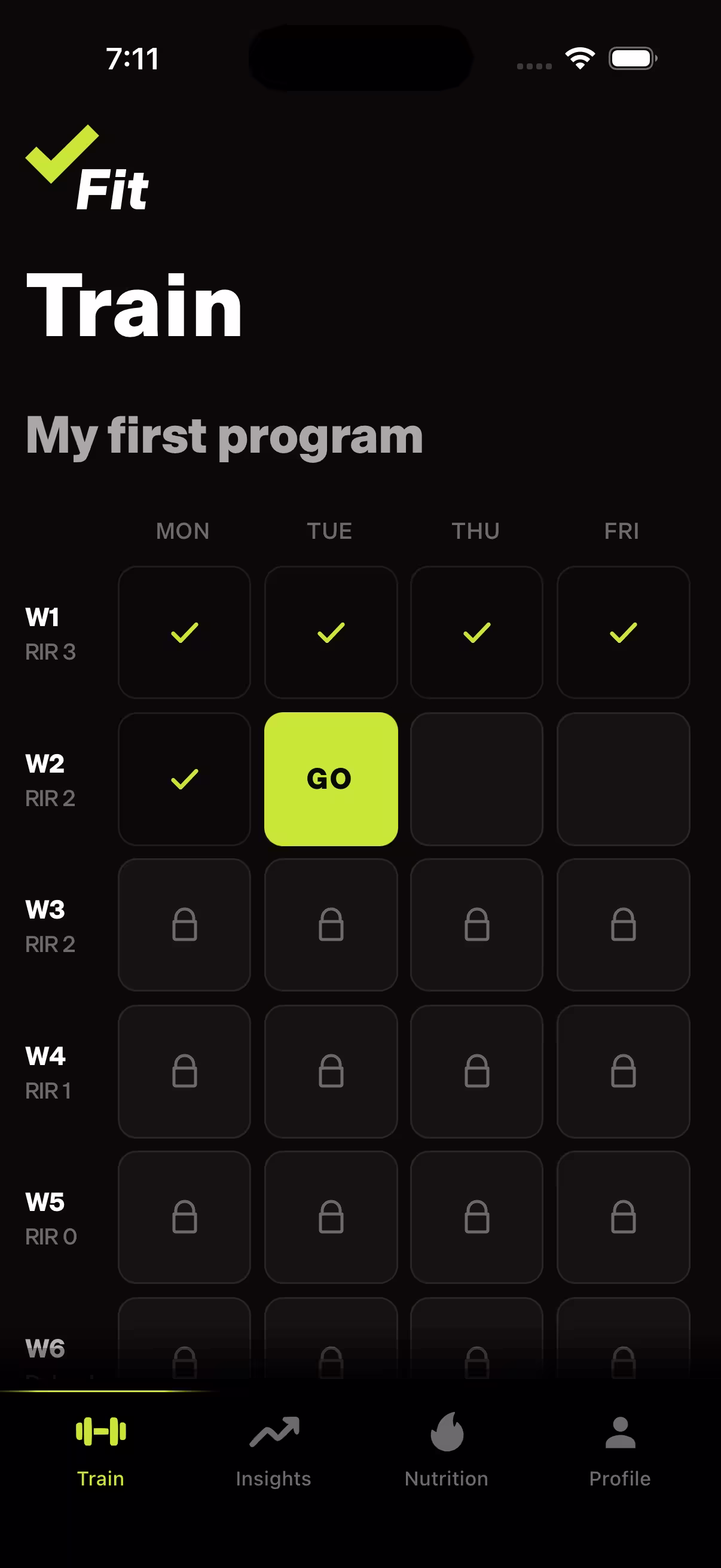 Checkfit weekly training plan screen