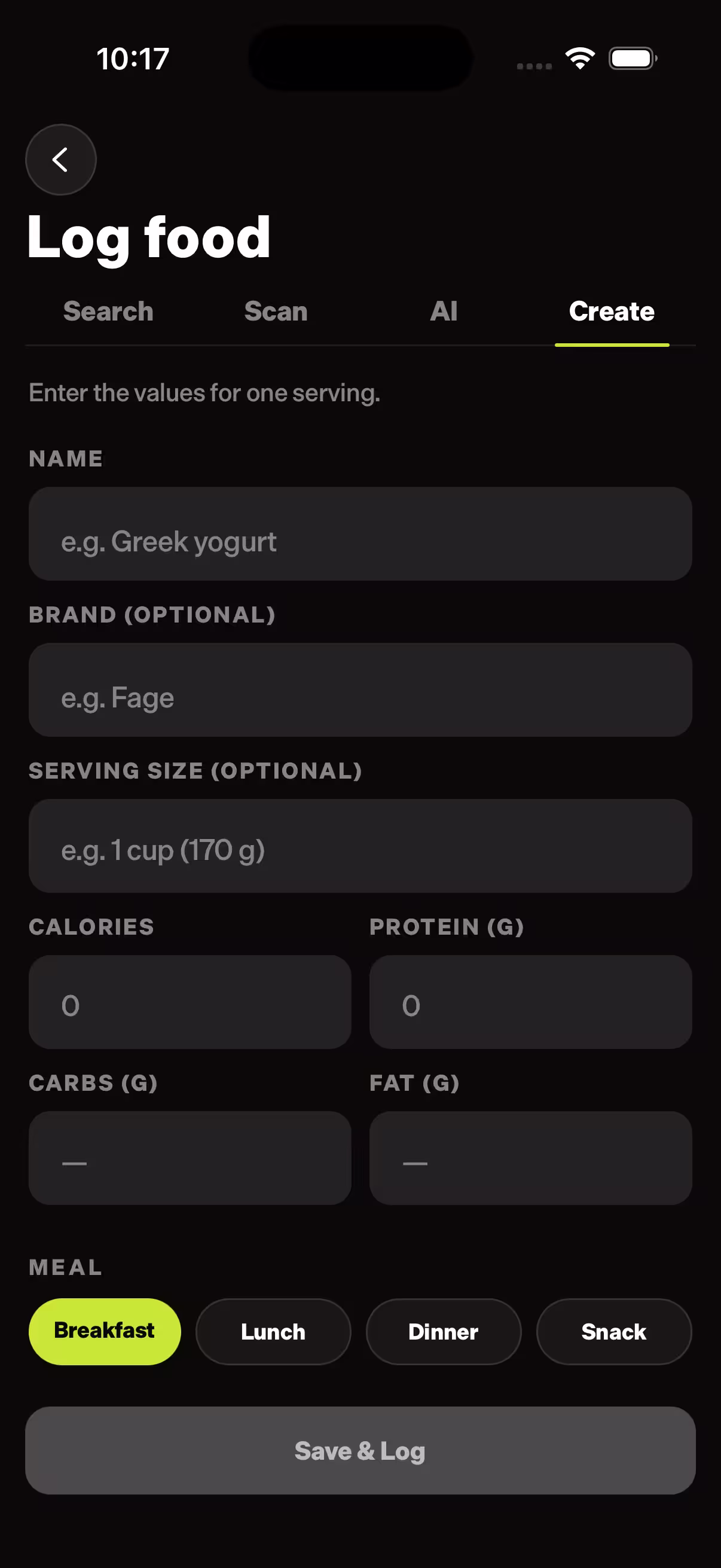 Checkfit custom food screen