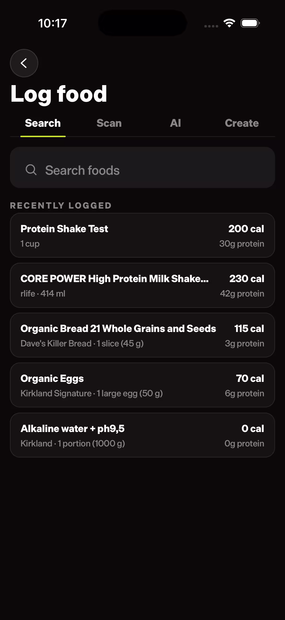 Checkfit food logging screen